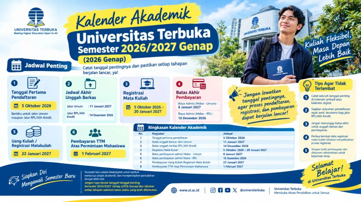 Pendaftaran Mahasiswa Baru Universitas Terbuka Semester 2026/2027 Genap: Catat Tanggal Pentingnya!